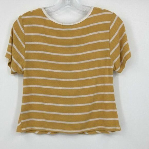 Fashion Nova Cropped Knit Top Mustard Yellow & White Stripe Knot Front Size L - Picture 6 of 15